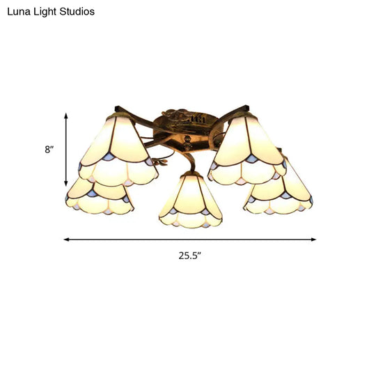 Tiffany Stained Glass Ceiling Light With 5 Scalloped Heads In Antique Bronze - Perfect For Bedroom