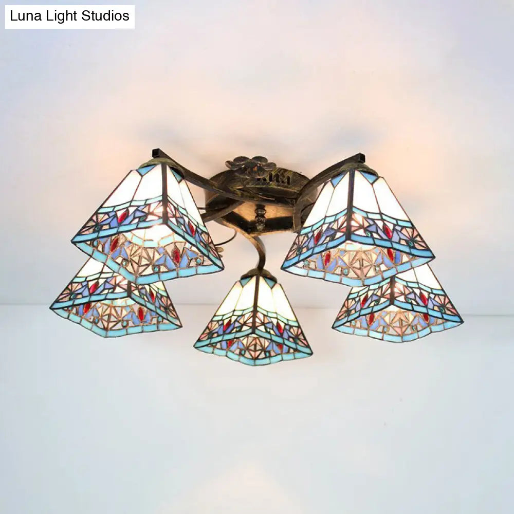 Tiffany Stained Glass Ceiling Light With 5 Scalloped Heads In Antique Bronze - Perfect For Bedroom