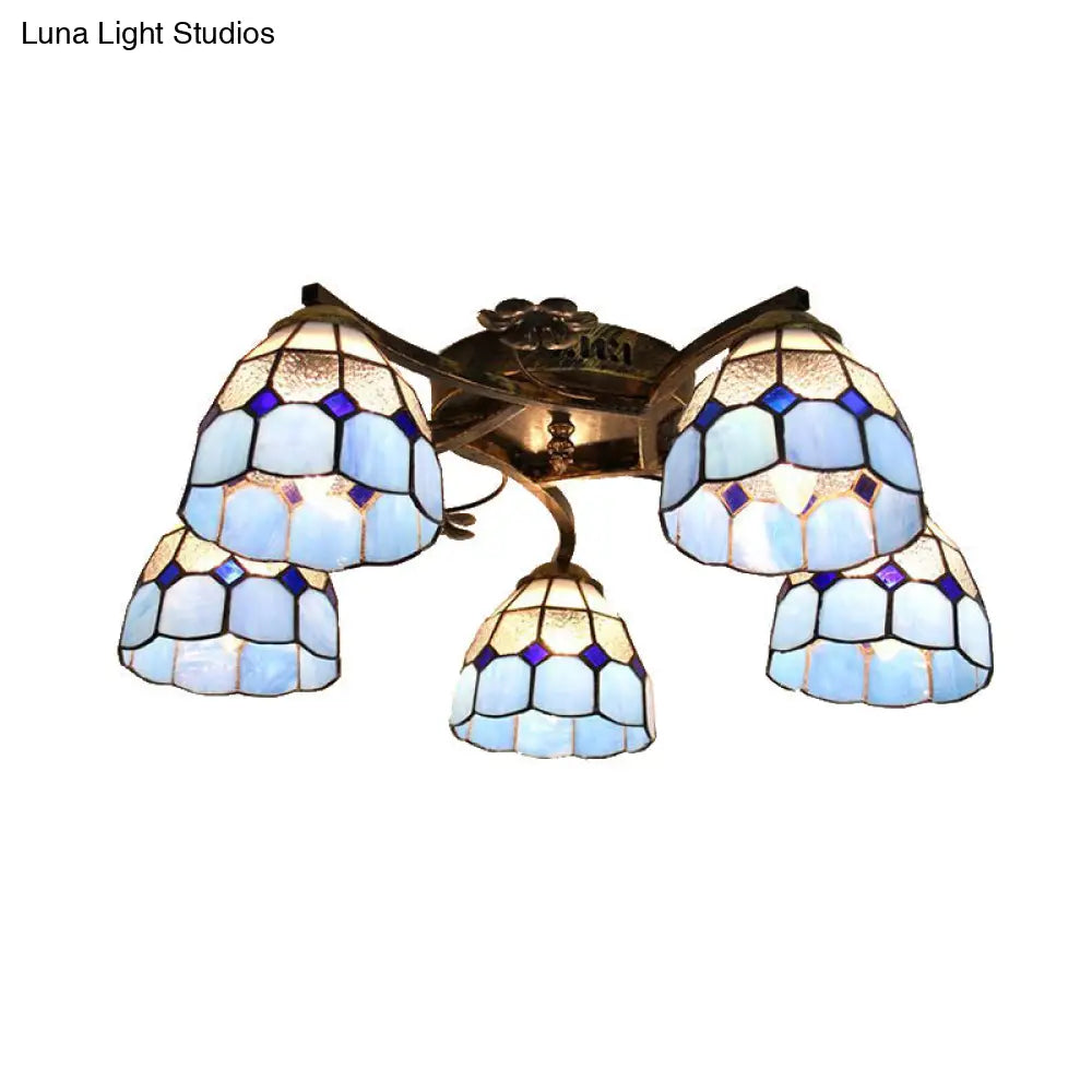 Tiffany Stained Glass Ceiling Light With 5 Scalloped Heads In Antique Bronze - Perfect For Bedroom