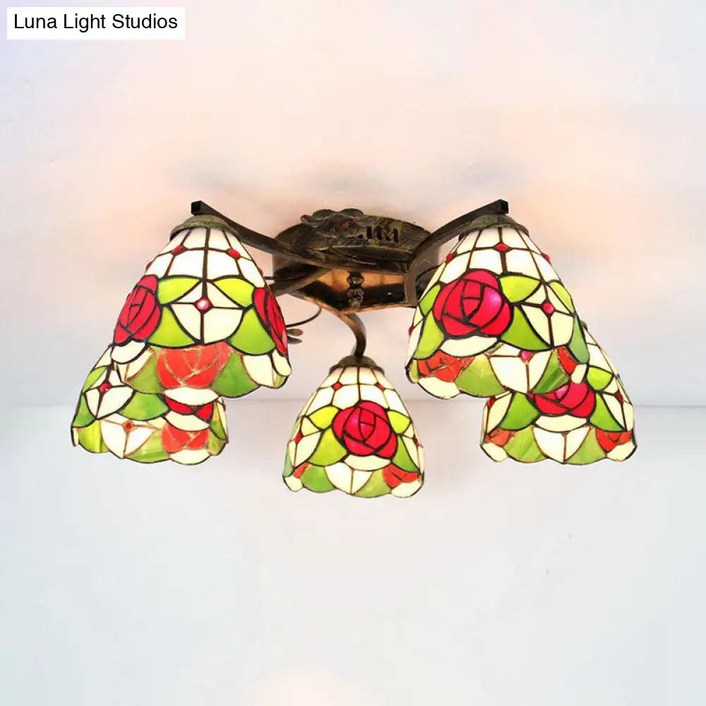 Tiffany Stained Glass Ceiling Light With 5 Scalloped Heads In Antique Bronze - Perfect For Bedroom /