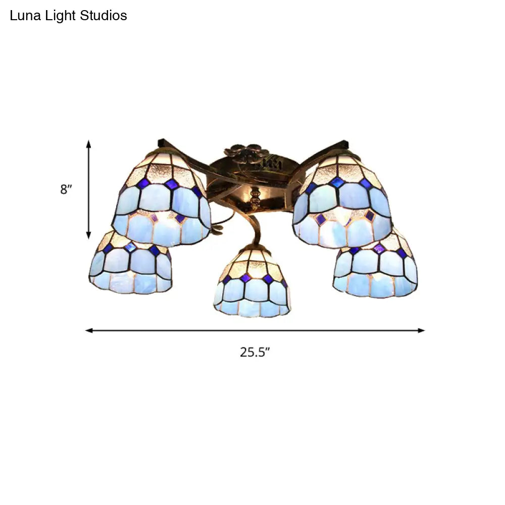 Tiffany Stained Glass Ceiling Light With 5 Scalloped Heads In Antique Bronze - Perfect For Bedroom