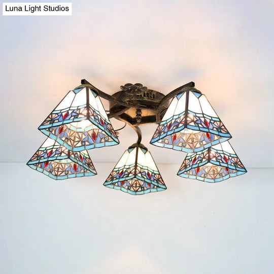 Tiffany Stained Glass Ceiling Light With 5 Scalloped Heads In Antique Bronze - Perfect For Bedroom