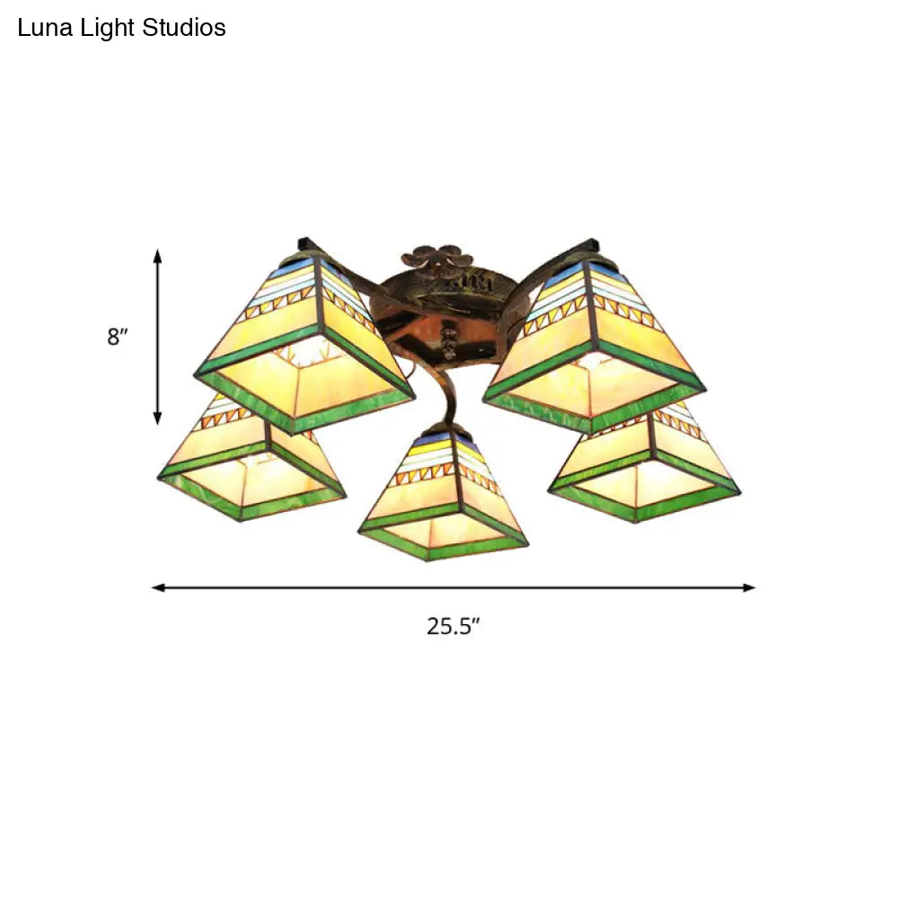 Tiffany Stained Glass Ceiling Light With 5 Scalloped Heads In Antique Bronze - Perfect For Bedroom