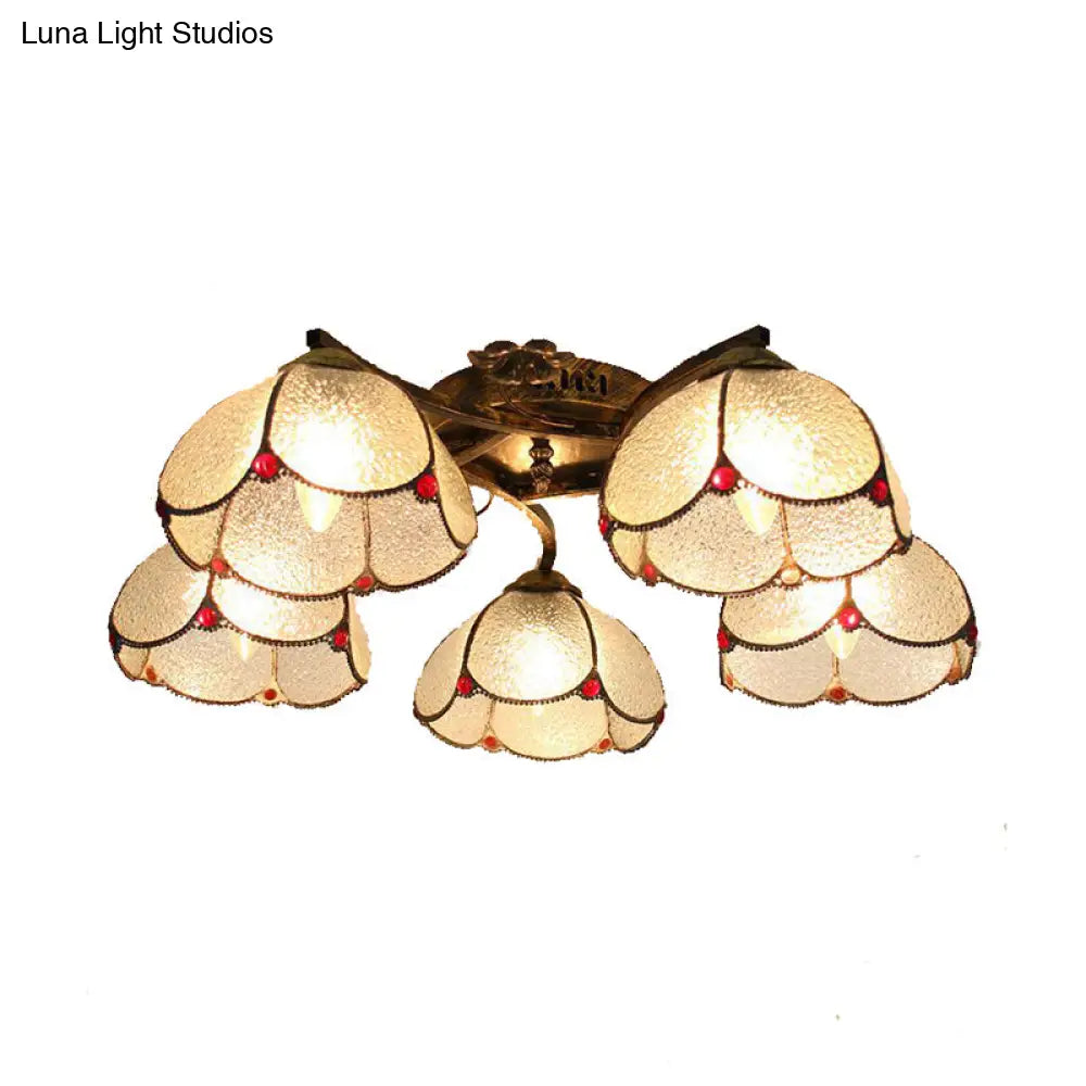 Tiffany Stained Glass Ceiling Light With 5 Scalloped Heads In Antique Bronze - Perfect For Bedroom