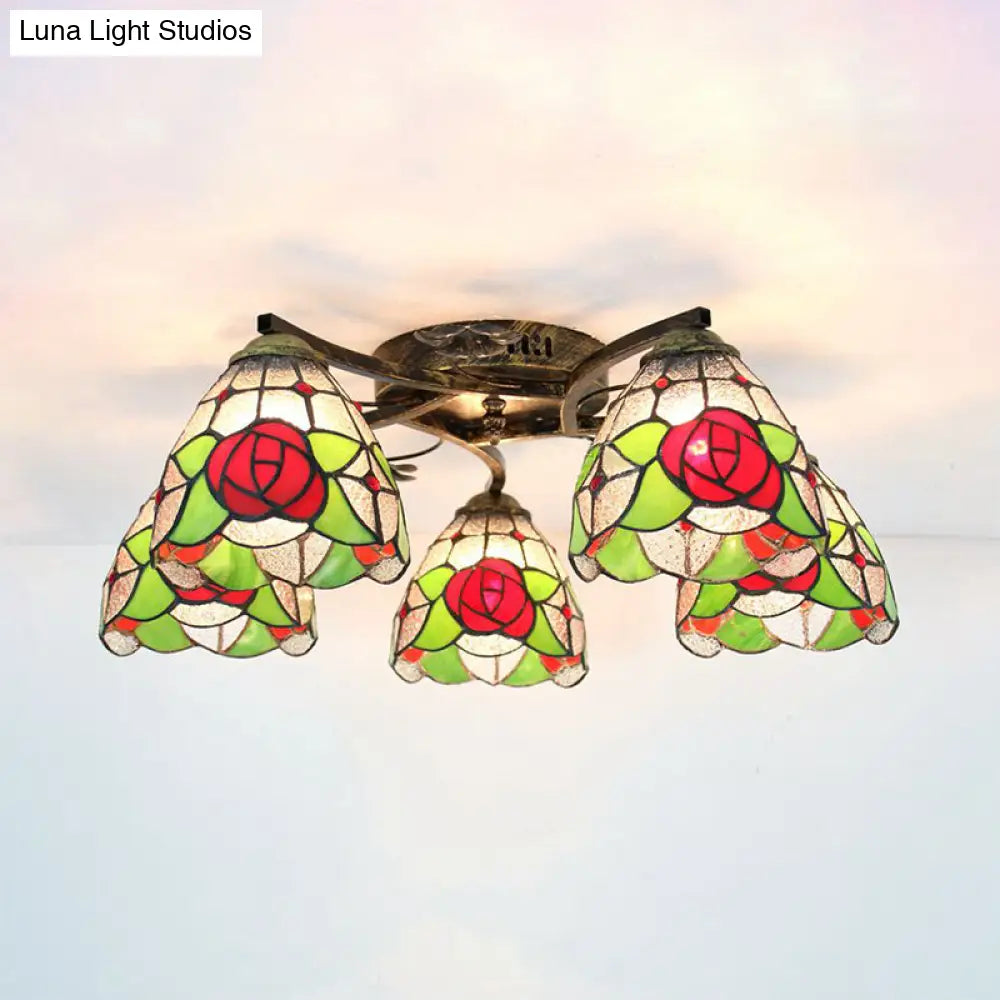 Tiffany Stained Glass Ceiling Light With 5 Scalloped Heads In Antique Bronze - Perfect For Bedroom /