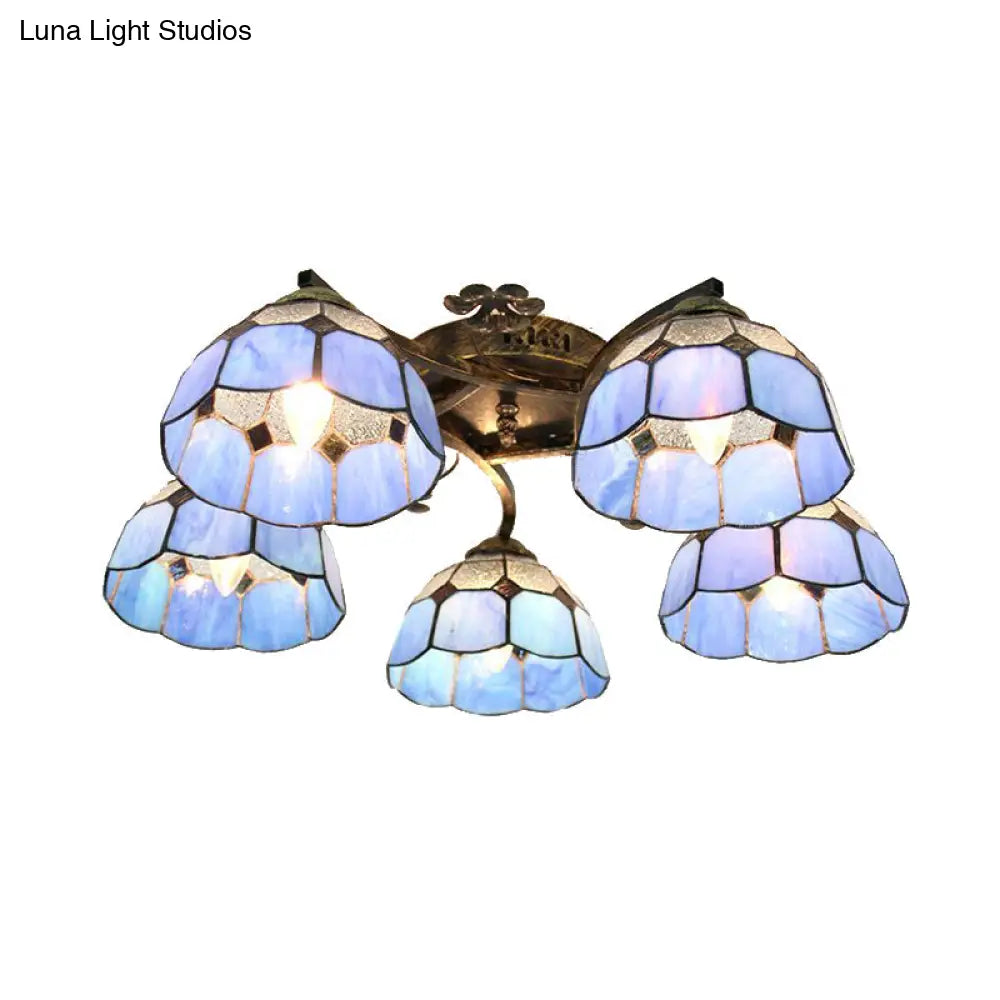 Tiffany Stained Glass Ceiling Light With 5 Scalloped Heads In Antique Bronze - Perfect For Bedroom