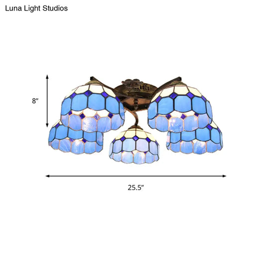 Tiffany Stained Glass Ceiling Light With 5 Scalloped Heads In Antique Bronze - Perfect For Bedroom