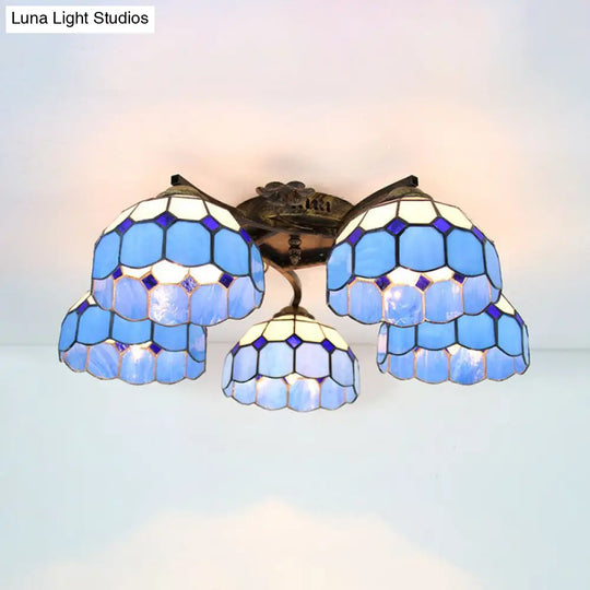 Tiffany Stained Glass Ceiling Light With 5 Scalloped Heads In Antique Bronze - Perfect For Bedroom /