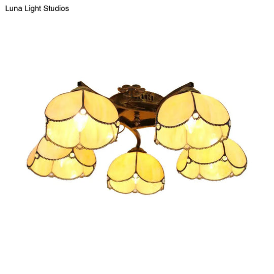 Tiffany Stained Glass Ceiling Light With 5 Scalloped Heads In Antique Bronze - Perfect For Bedroom