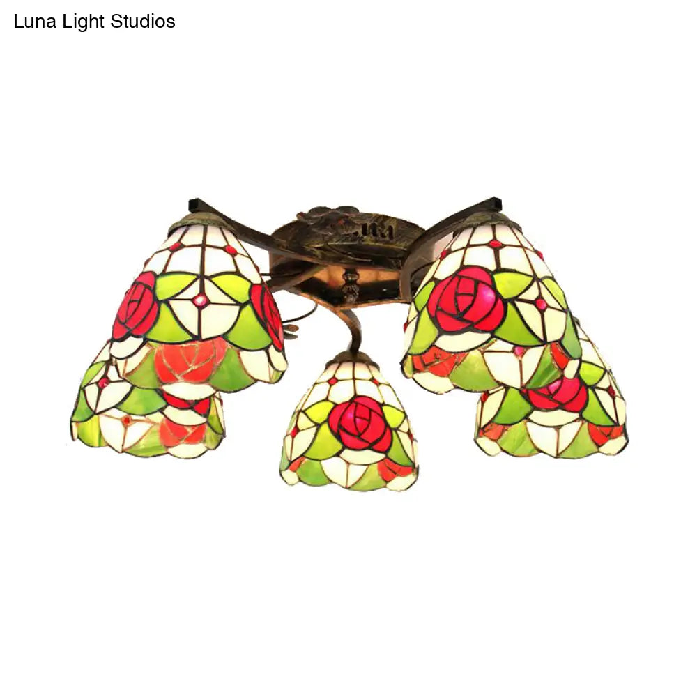 Tiffany Stained Glass Ceiling Light With 5 Scalloped Heads In Antique Bronze - Perfect For Bedroom