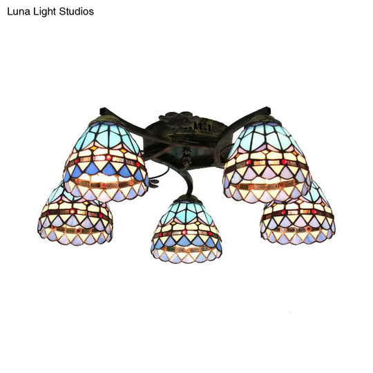 Tiffany Stained Glass Ceiling Light With 5 Scalloped Heads In Antique Bronze - Perfect For Bedroom