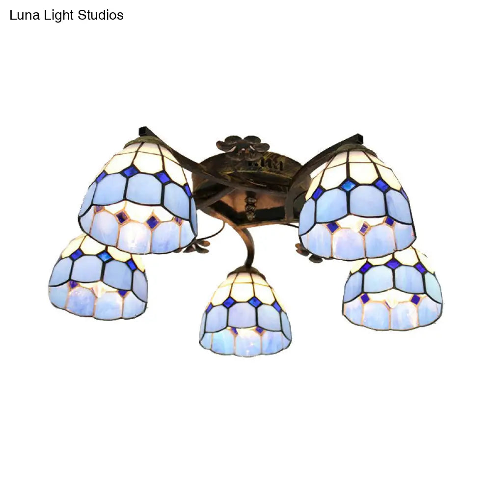 Tiffany Stained Glass Ceiling Light With 5 Scalloped Heads In Antique Bronze - Perfect For Bedroom