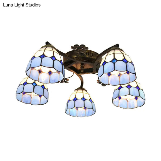 Tiffany Stained Glass Ceiling Light With 5 Scalloped Heads In Antique Bronze - Perfect For Bedroom