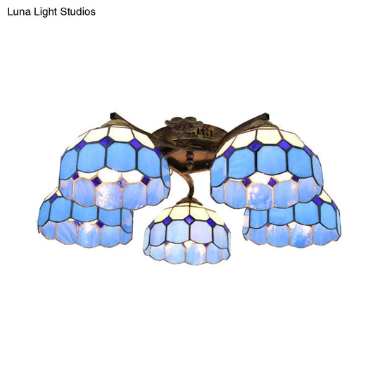 Tiffany Stained Glass Ceiling Light With 5 Scalloped Heads In Antique Bronze - Perfect For Bedroom