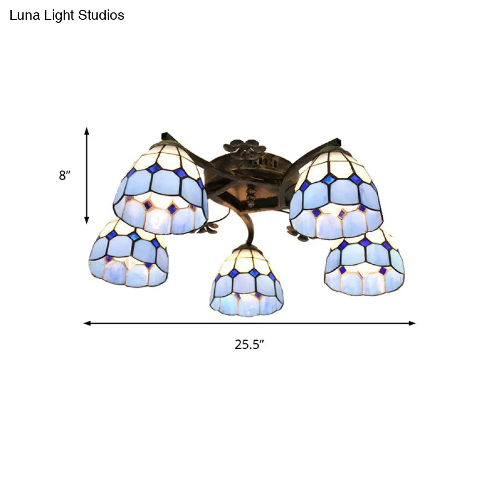 Tiffany Stained Glass Ceiling Light With 5 Scalloped Heads In Antique Bronze - Perfect For Bedroom