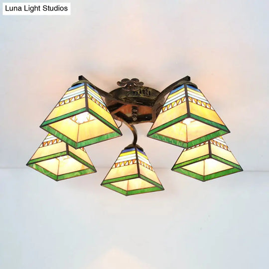 Tiffany Stained Glass Ceiling Light With 5 Scalloped Heads In Antique Bronze - Perfect For Bedroom