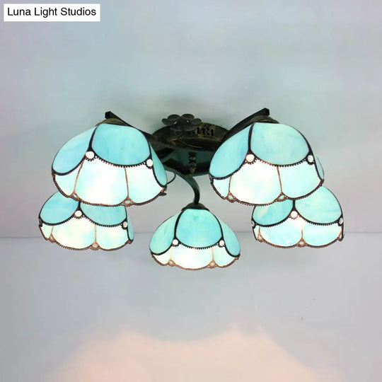 Tiffany Stained Glass Ceiling Light With 5 Scalloped Heads In Antique Bronze - Perfect For Bedroom /