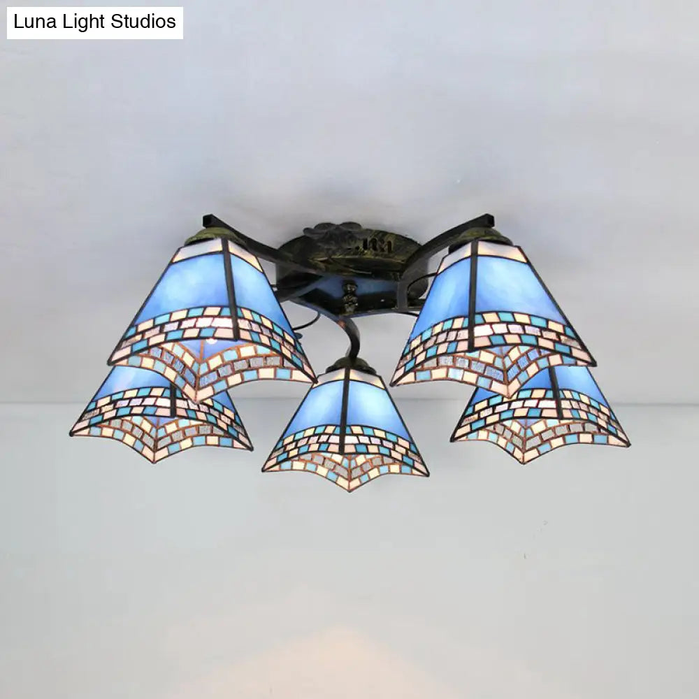 Tiffany Stained Glass Ceiling Light With 5 Scalloped Heads In Antique Bronze - Perfect For Bedroom