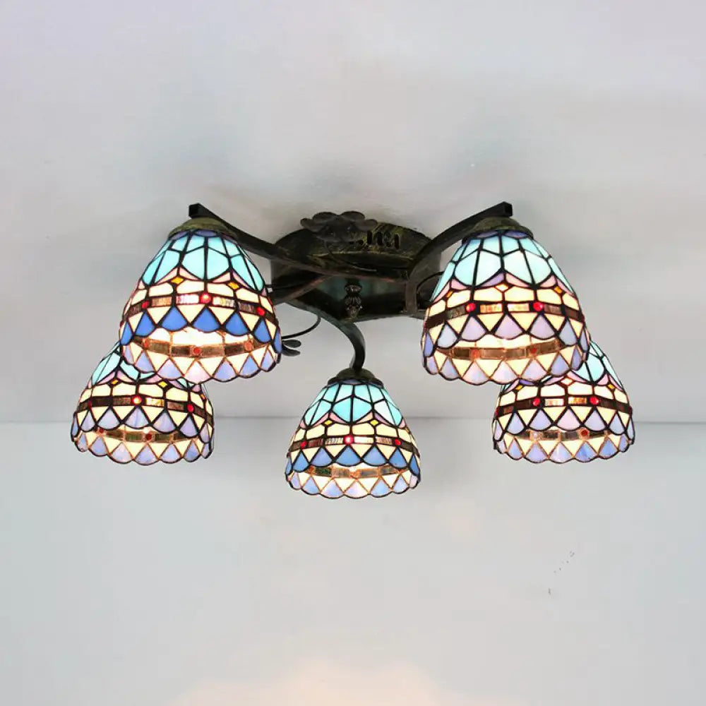 Tiffany Stained Glass Ceiling Light With 5 Scalloped Heads In Antique Bronze - Perfect For Bedroom