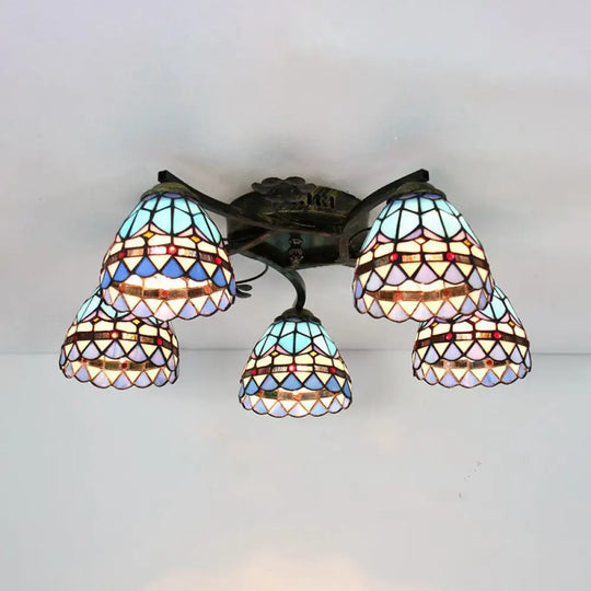 Tiffany Stained Glass Ceiling Light With 5 Scalloped Heads In Antique Bronze - Perfect For Bedroom