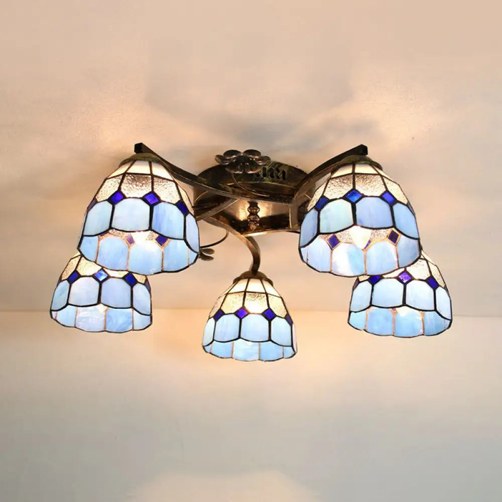 Tiffany Stained Glass Ceiling Light With 5 Scalloped Heads In Antique Bronze - Perfect For Bedroom