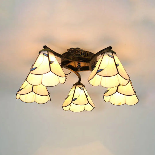 Tiffany Stained Glass Ceiling Light With 5 Scalloped Heads In Antique Bronze - Perfect For Bedroom