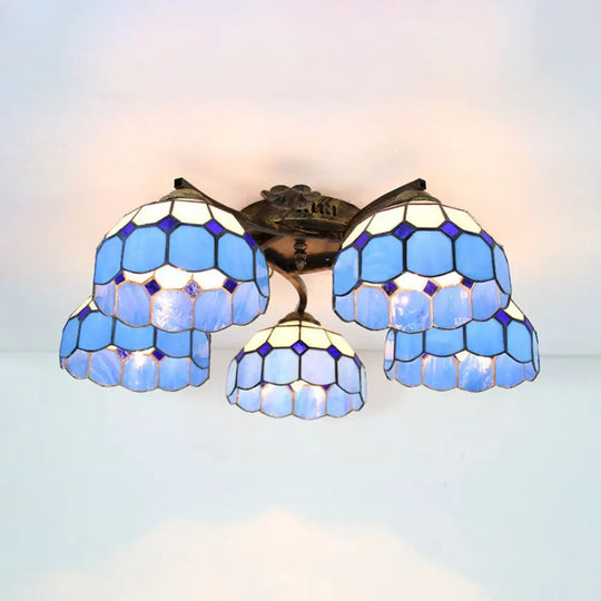 Tiffany Stained Glass Ceiling Light With 5 Scalloped Heads In Antique Bronze - Perfect For Bedroom