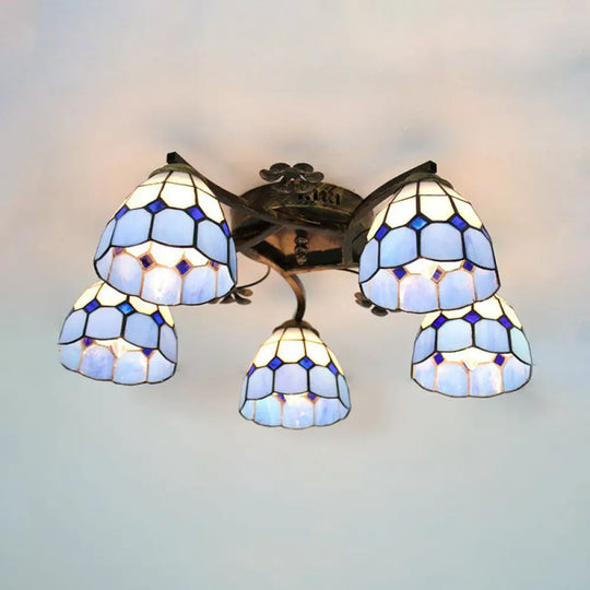 Tiffany Stained Glass Ceiling Light With 5 Scalloped Heads In Antique Bronze - Perfect For Bedroom