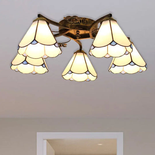 Tiffany Stained Glass Ceiling Light With 5 Scalloped Heads In Antique Bronze - Perfect For Bedroom