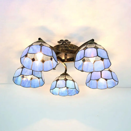 Tiffany Stained Glass Ceiling Light With 5 Scalloped Heads In Antique Bronze - Perfect For Bedroom