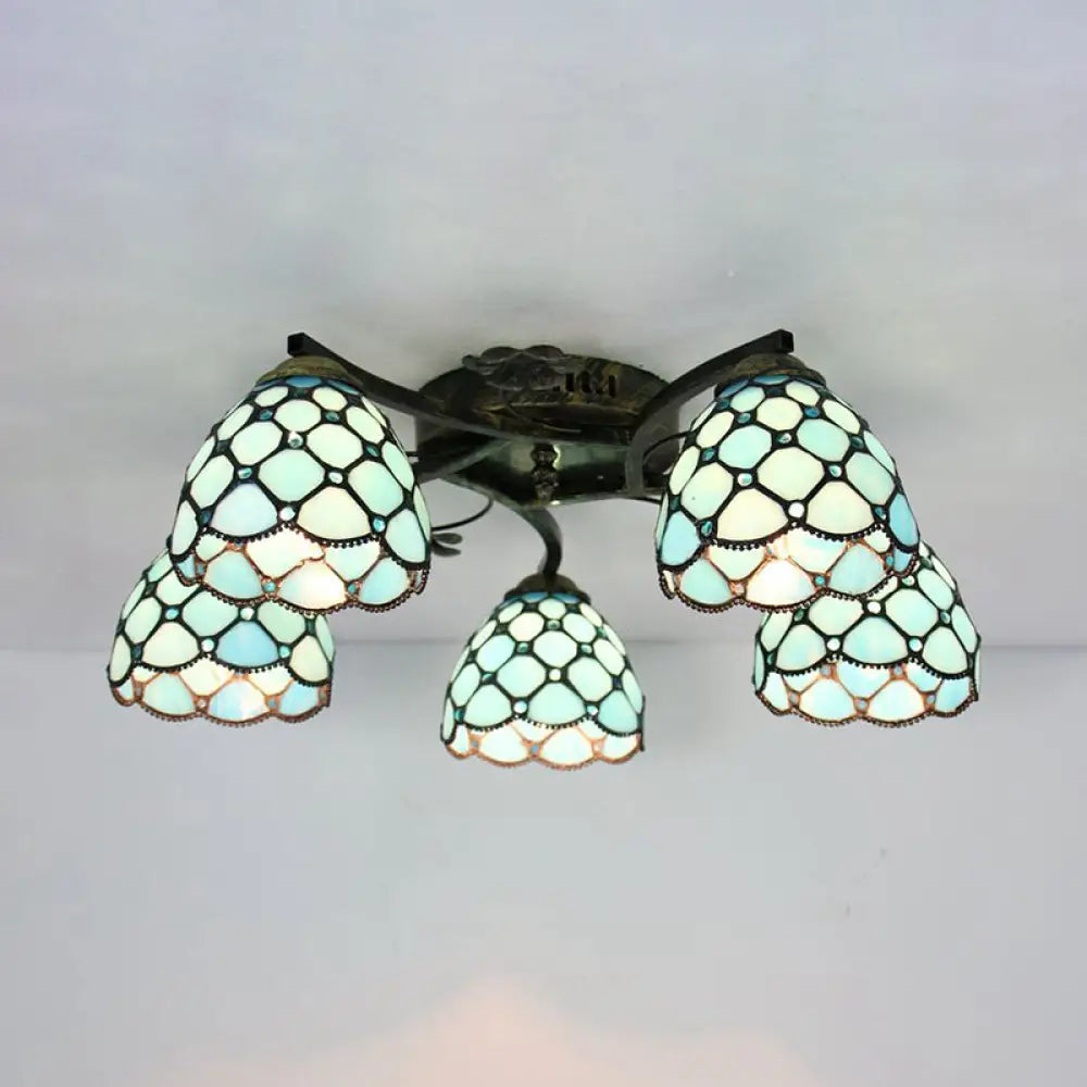 Tiffany Stained Glass Ceiling Light With 5 Scalloped Heads In Antique Bronze - Perfect For Bedroom