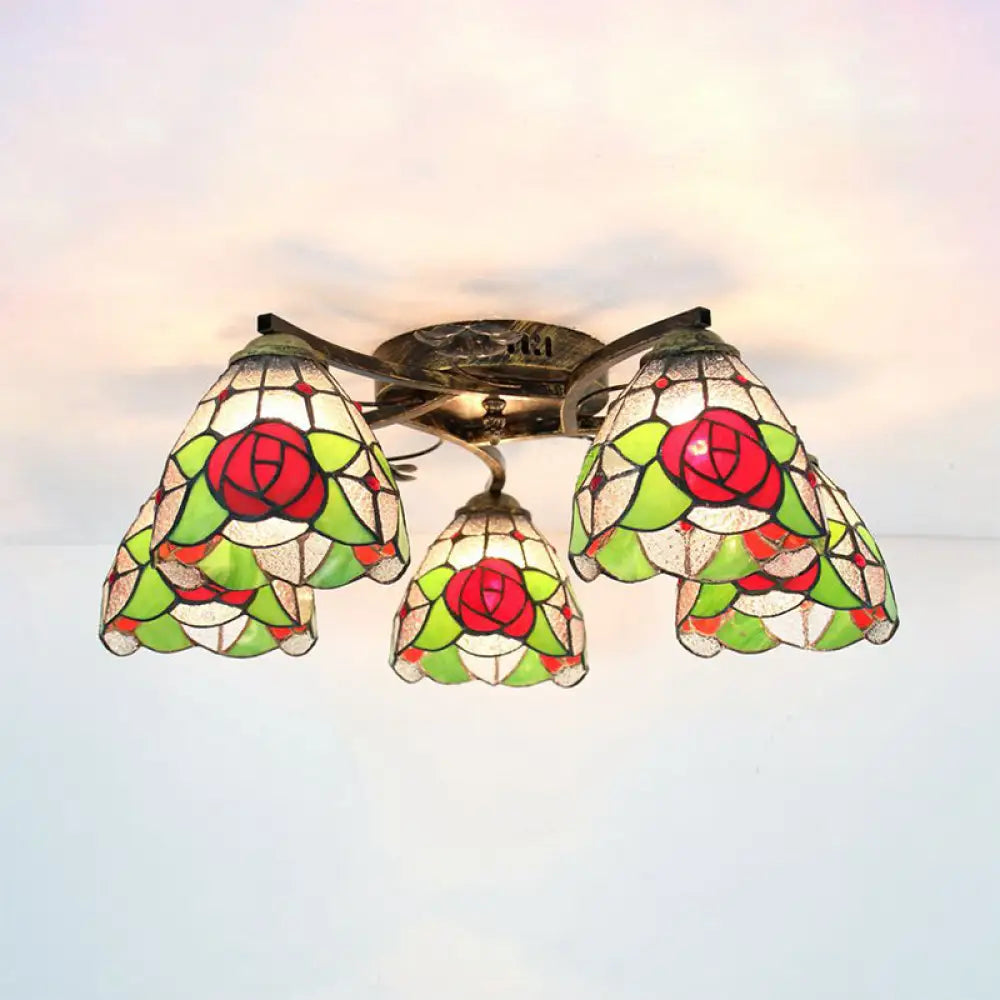 Tiffany Stained Glass Ceiling Light With 5 Scalloped Heads In Antique Bronze - Perfect For Bedroom