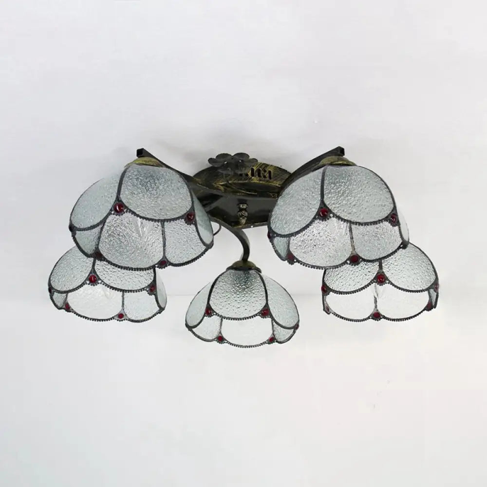 Tiffany Stained Glass Ceiling Light With 5 Scalloped Heads In Antique Bronze - Perfect For Bedroom