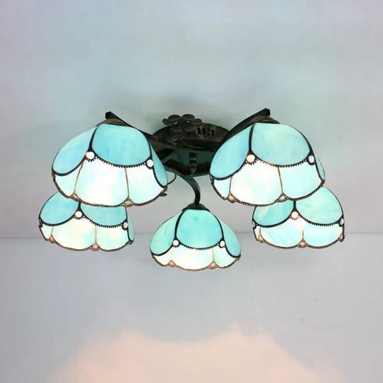 Tiffany Stained Glass Ceiling Light With 5 Scalloped Heads In Antique Bronze - Perfect For Bedroom