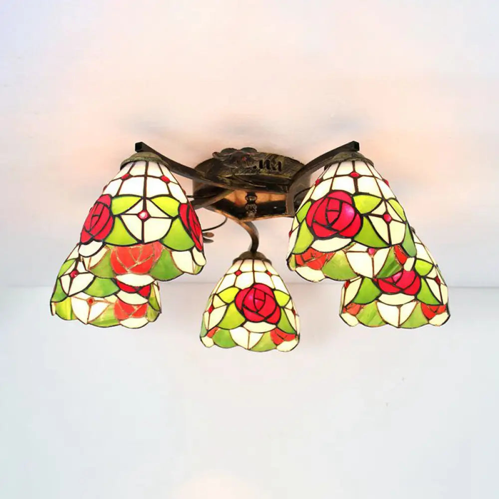 Tiffany Stained Glass Ceiling Light With 5 Scalloped Heads In Antique Bronze - Perfect For Bedroom