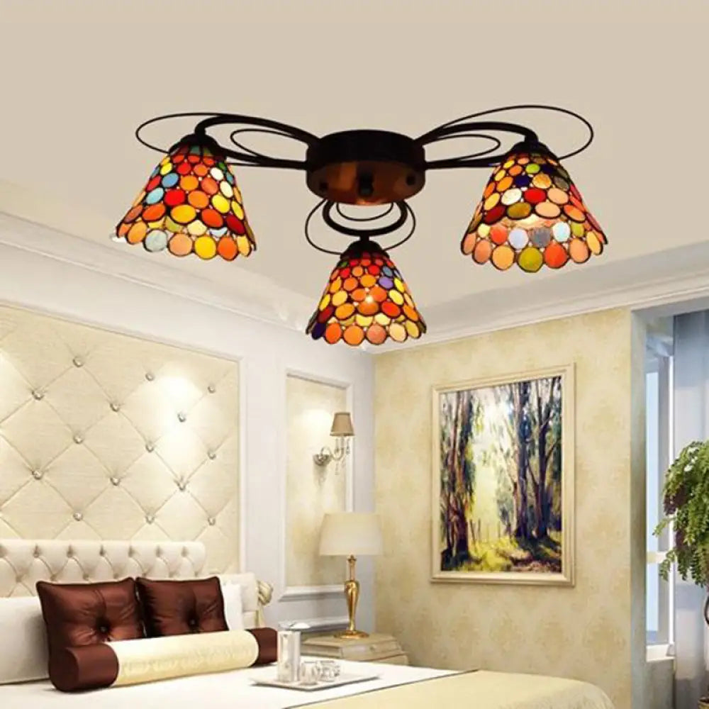 Tiffany Stained Glass Ceiling Light With Multicolored Bell Semi - Flush Mount - 3/7/9 Heads 3 /