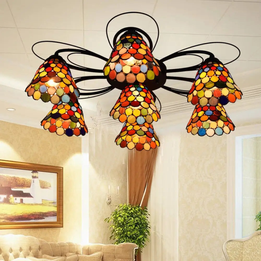 Tiffany Stained Glass Ceiling Light With Multicolored Bell Semi - Flush Mount - 3/7/9 Heads 7 /