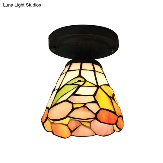 Tiffany Stained Glass Ceiling Mount Light For Cloth Shop 1-Head Flower/Bird/Phoenix Design In Black