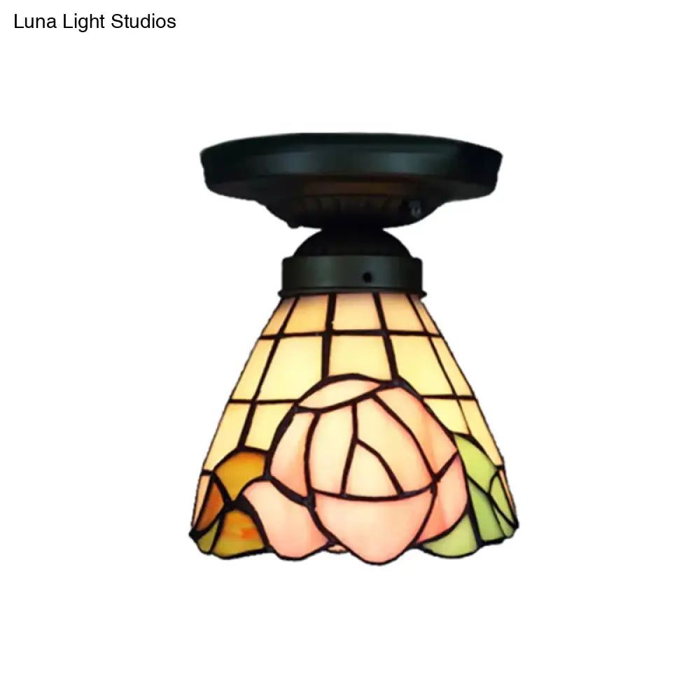 Tiffany Stained Glass Ceiling Mount Light For Cloth Shop – 1-Head Flower/Bird/Phoenix Design In