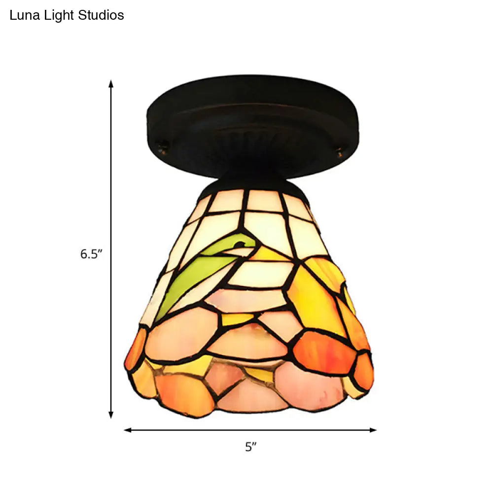 Tiffany Stained Glass Ceiling Mount Light For Cloth Shop 1-Head Flower/Bird/Phoenix Design In Black