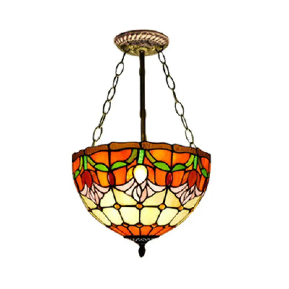 Tiffany Stained Glass Chandelier - Orange Bowl Pendant Light 12’/16’ Width Ideal For Foyer / 12’