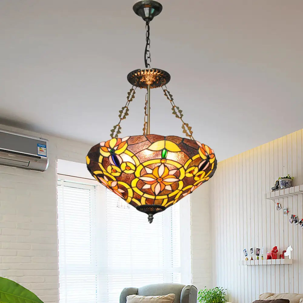 Tiffany Stained Glass Chandelier With Flower Design - Brown/Pink: Perfect For Cafes Brown