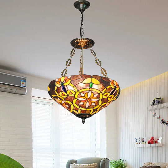 Tiffany Stained Glass Chandelier With Flower Design - Brown/Pink: Perfect For Cafes Brown