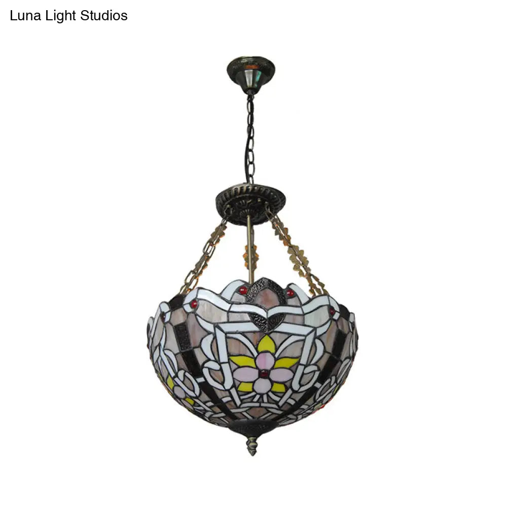 Floral Tiffany Stained Glass Chandelier: Umbrella Shade Pendant With 3 Lights - Brown/Pink Perfect