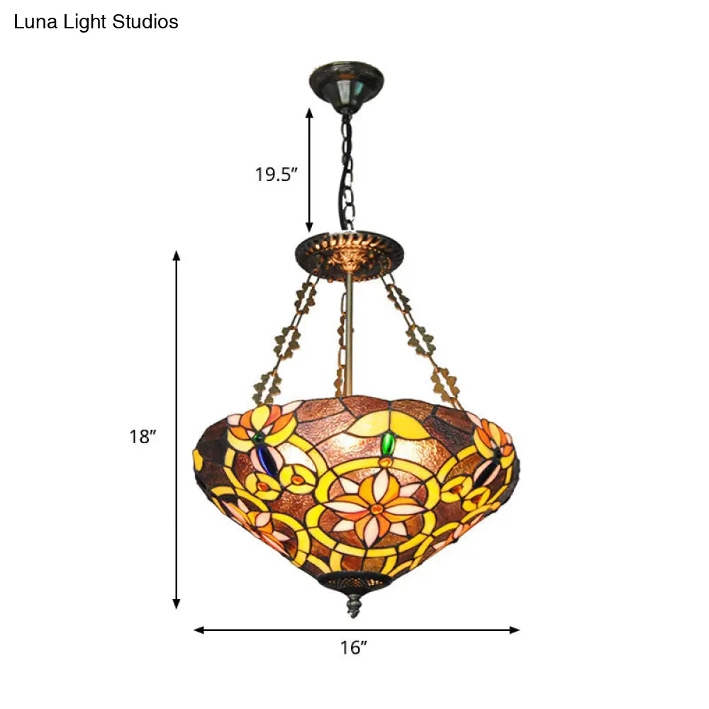 Floral Tiffany Stained Glass Chandelier: Umbrella Shade Pendant With 3 Lights - Brown/Pink Perfect