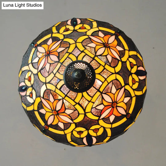 Floral Tiffany Stained Glass Chandelier: Umbrella Shade Pendant With 3 Lights - Brown/Pink Perfect