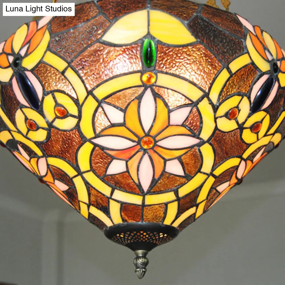 Floral Tiffany Stained Glass Chandelier: Umbrella Shade Pendant With 3 Lights - Brown/Pink Perfect