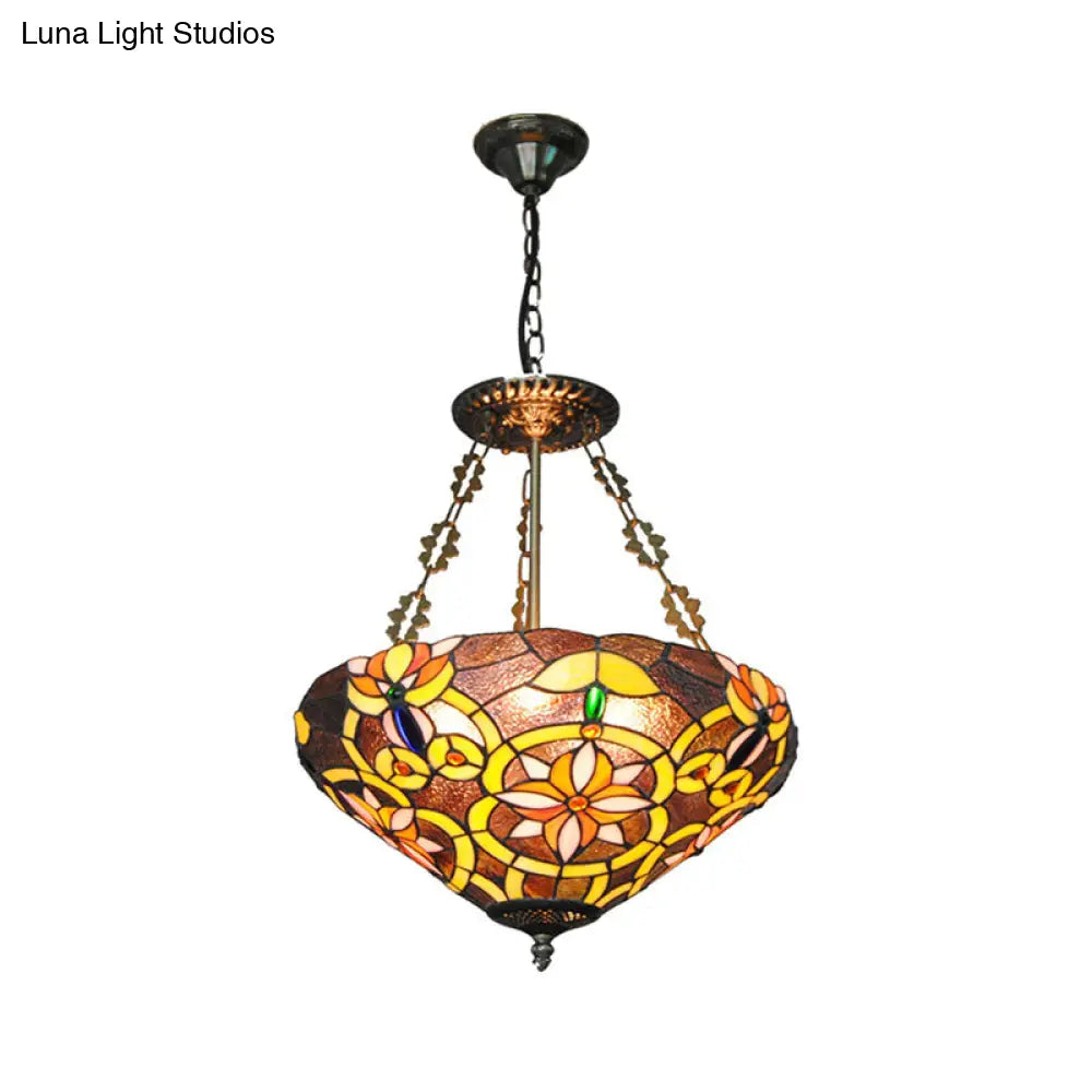 Floral Tiffany Stained Glass Chandelier: Umbrella Shade Pendant With 3 Lights - Brown/Pink Perfect