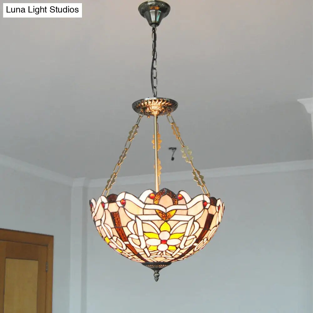 Floral Tiffany Stained Glass Chandelier: Umbrella Shade Pendant With 3 Lights - Brown/Pink Perfect