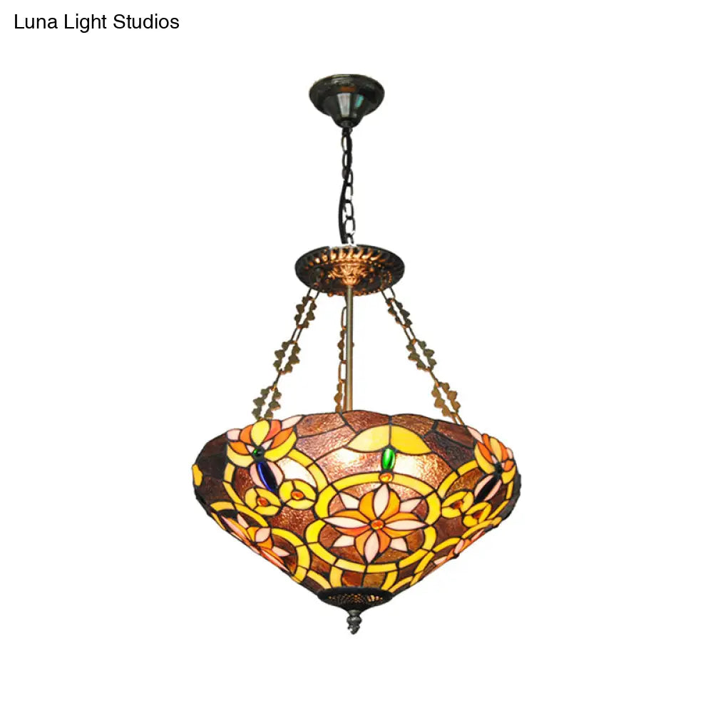 Tiffany Stained Glass Chandelier With Flower Design - Brown/Pink: Perfect For Cafes